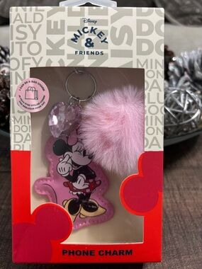 Disney Minnie Mouse Pink Heart & Pom Pom Phone Charm Keyring